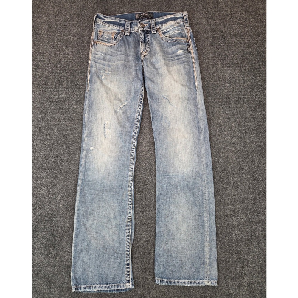 Silver Jeans Zac Jeans Mens 30x34 Blue Distressed Relaxed Straight Light Wash
